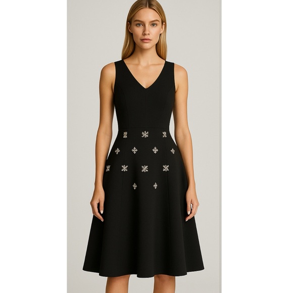Wrong Side of Right Black Scuba Neoprene Crystal Embellished Fit & Flare Dress S - Picture 1 of 16